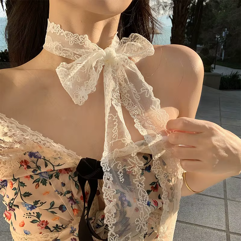 Élégant foulard long coréen en dentelle avec nœud 2-en-1