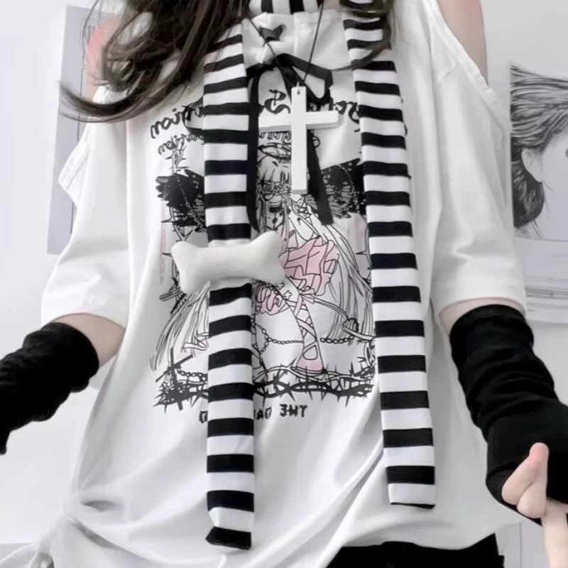 Écharpes rayées noires et blanches style Harajuku Y2K avec décorations en os
