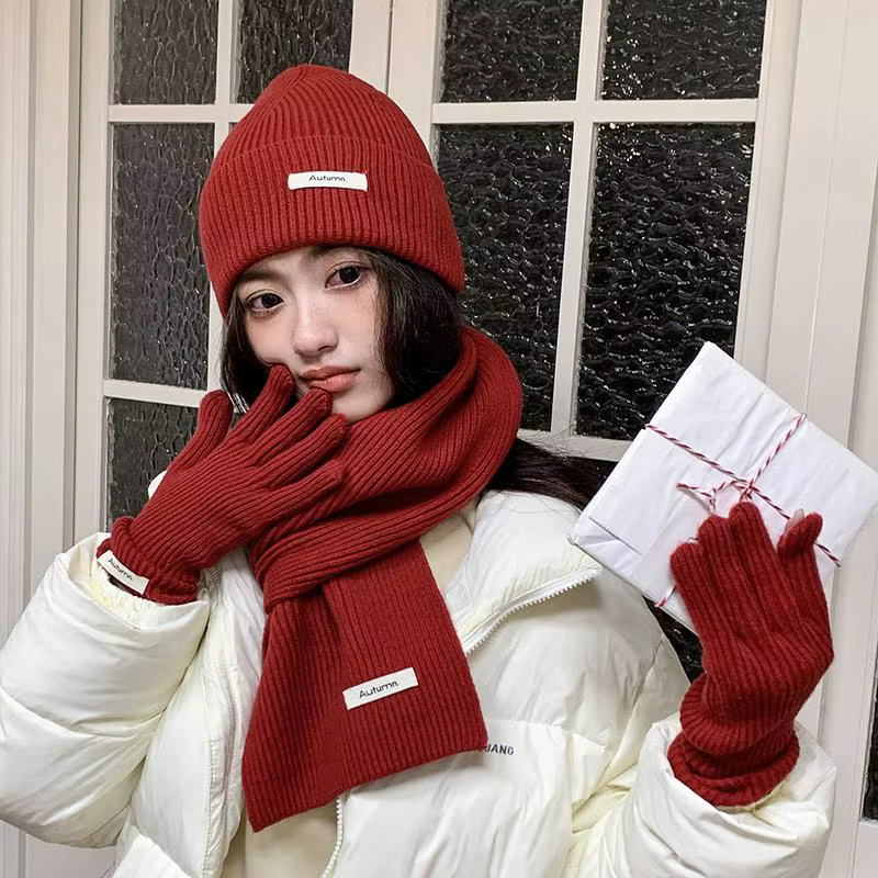 Écharpe d'hiver tricotée femme couleur unie chapeau