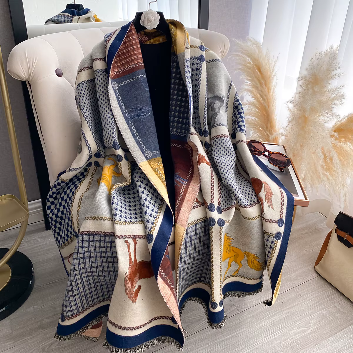 Nouvelle marque de luxe écharpe Jacquard double face cachemire doux chaud frange Pashmina le cheval châle hiver couverture coupe-vent résistante au froid