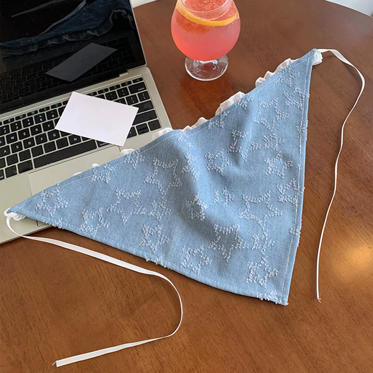 Foulard femme étoiles Denim bleu Turban dentelle écharpe nœud sangle Triangle bandeau Y2K Niche chapeau Vintage