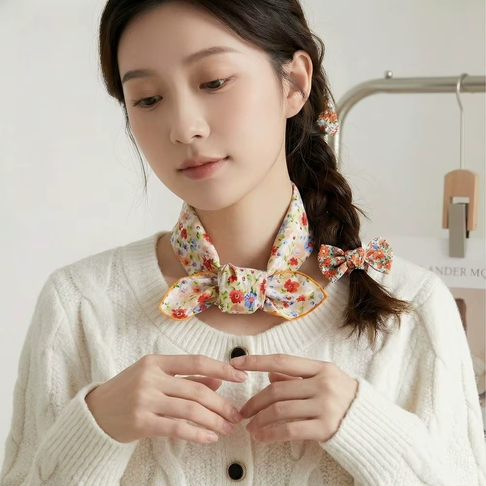 Élégant foulard carré fin à motif floral coréen