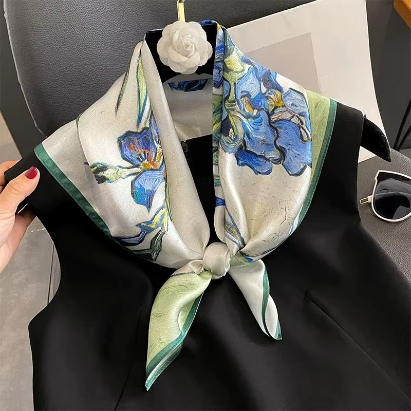 Chic iris fleur écharpe 100% soie naturelle Hijab enveloppes mode femmes carré Bandana Foulard