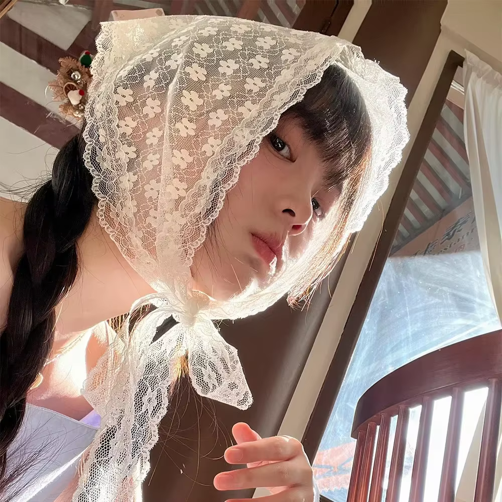 Femmes Style campagnard français dentelle maille Triangle écharpe printemps été Floral cheveux