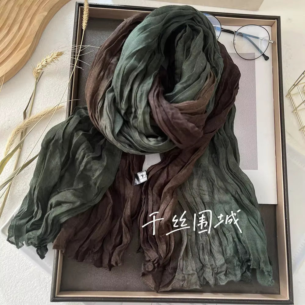 VREOVOR écharpe coton chanvre dégradé bleu automne hiver rétro polyvalent imprimé femmes longue pli châle élégant et à la mode