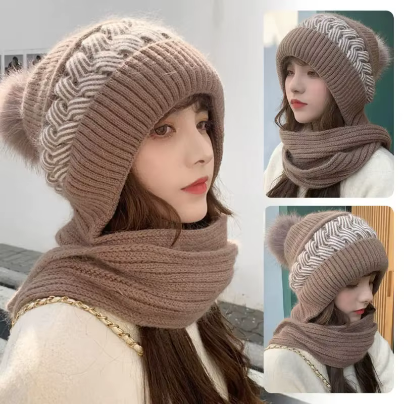 Chapeau écharpe tout-en-un hiver épaissi chaud Double