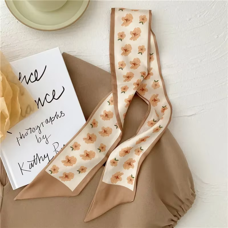 Haute qualité kaki couleur nue série foulard en soie bandeau ruban attaché cheveux Long arc Vintage Satin