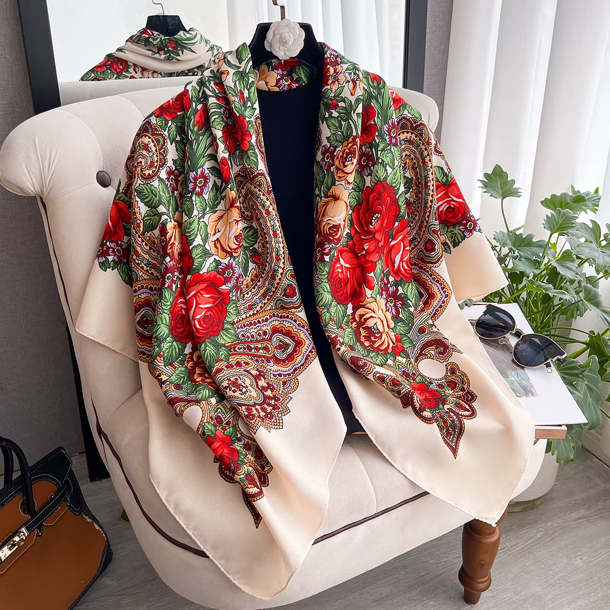 Femmes russe écharpe florale Style ethnique carré Bandana foulards dames mouchoir bandeau foulard en soie enveloppes de cheveux 2025
