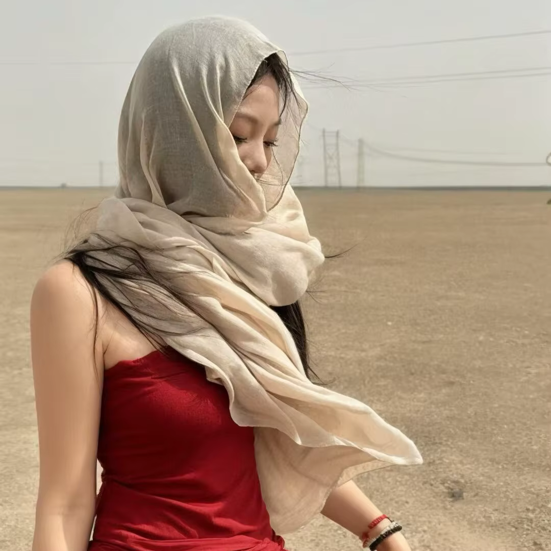 Écharpe en coton et lin Beige bohème léger polyvalent Protection solaire UV désert plage photographie châle femmes Wrap