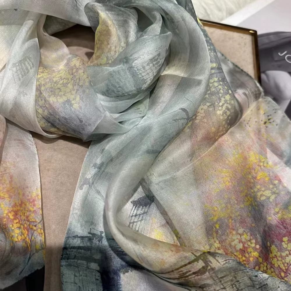 Gris blanc 100% soie châle écharpe femmes mode nouveau Design Floral longues écharpes enveloppes été