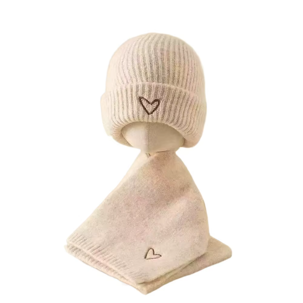 Ensemble écharpe chapeau tricoté brodé de cœur d'amour, couleur unie, bonnet chaud épais au Crochet, ensemble chauffe-cou chaud coupe-vent