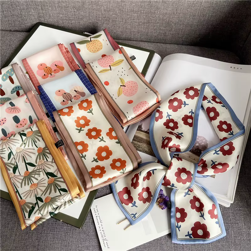 Luxary marque Design fleur imprimé Foulard en soie pour les femmes mode cheveux bandeau