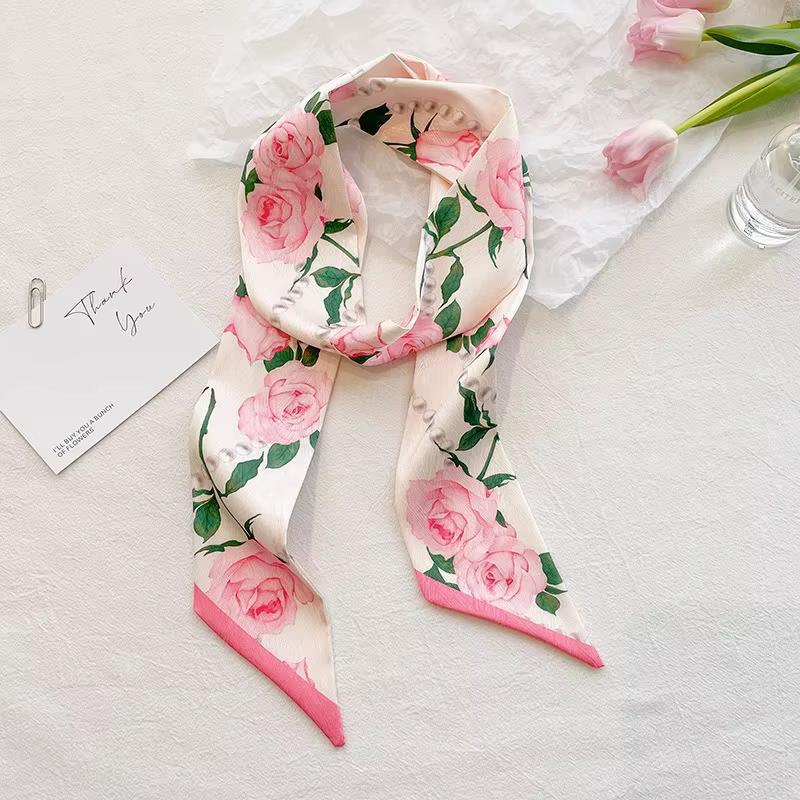 Écharpe décorative Rose longue bande Double face petit foulard en soie bandeau pour femme banderole de cheveux attachée