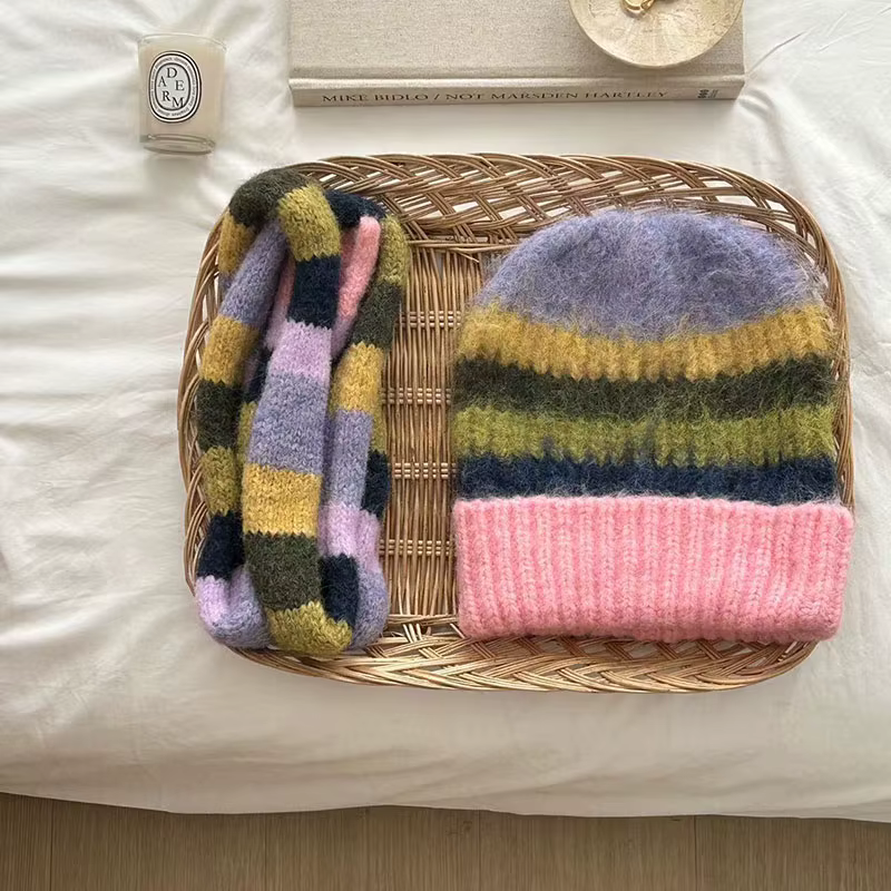 Ensemble de bonnets et écharpe arc-en-ciel rayés pour femmes et hommes