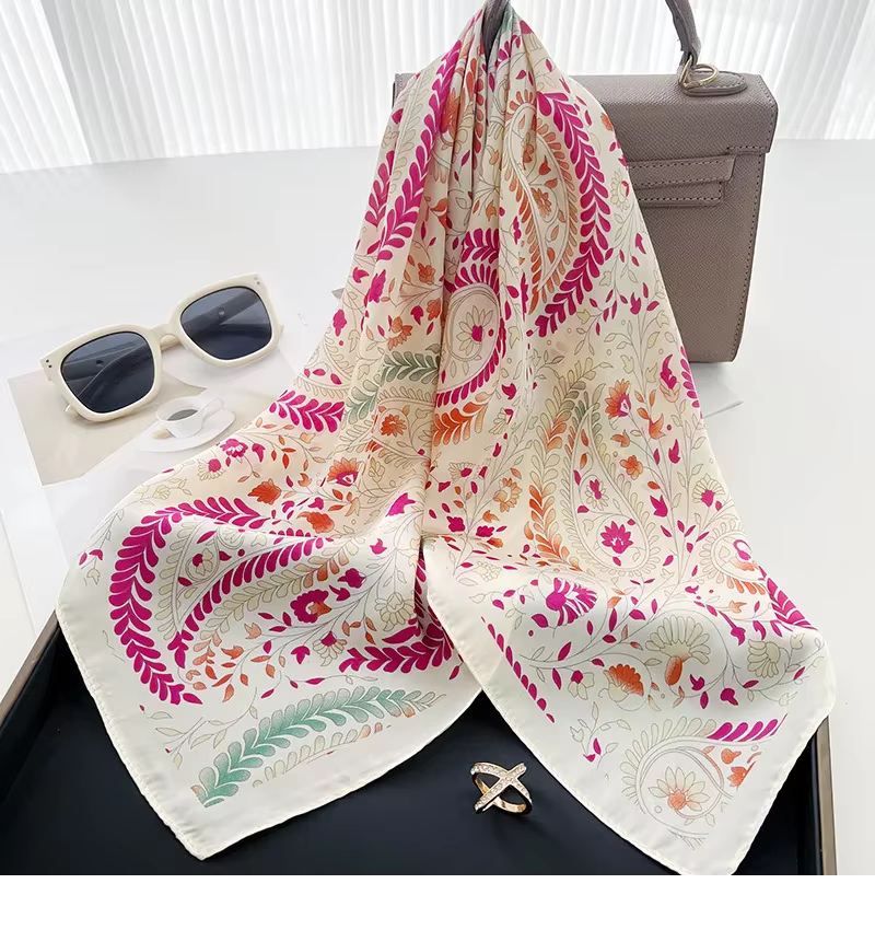 InjSquare-Foulard de Luxe en Satin Doux à Imprimé Floral pour Femme