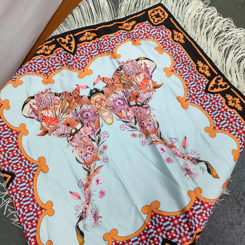Écharpe carrée vintage imprimée à franges et patchwork pour femme