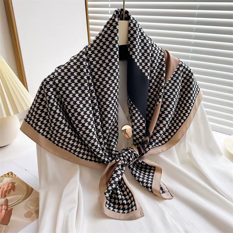 Écharpe carrée de luxe à motif pied-de-poule 90*90cm pour femmes