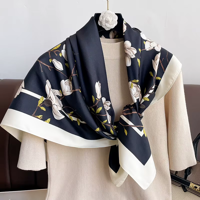 90*90 cm marque de luxe Simple soie carré écharpe Hijab femmes Bandana doux foulards foulard dames cheveux châle enveloppement bandeau