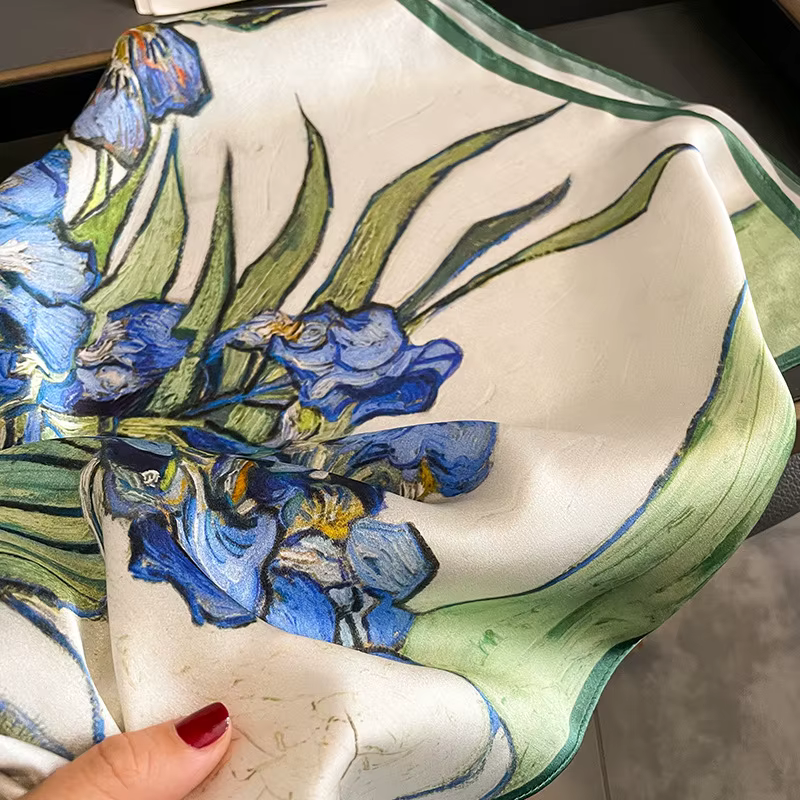 Chic iris fleur écharpe 100% soie naturelle Hijab enveloppes mode femmes carré Bandana Foulard