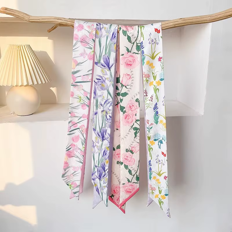 Écharpe longue double face à motif floral rose pour femme