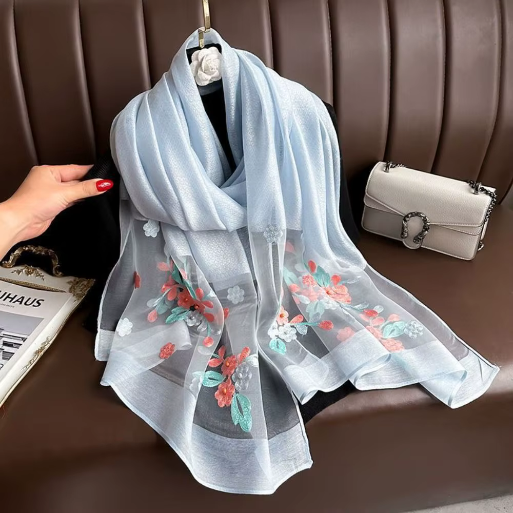 Élégant doux mince luxe Foulard en soie fleur broderie