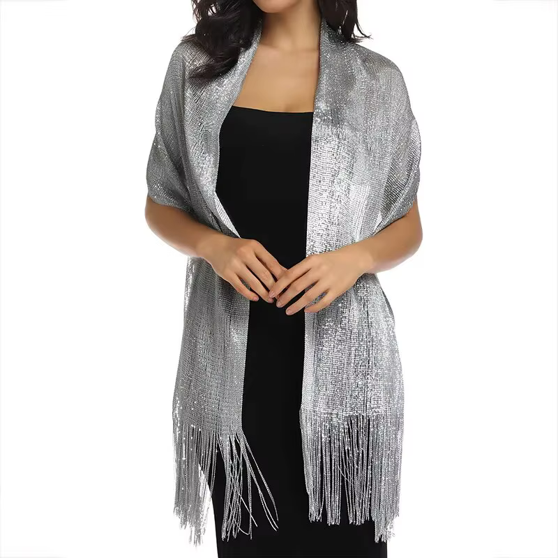 Fil d'or Gland Écharpe Châle Pour Les Femmes De Luxe Paillettes Argent Foulards Dames À La Mode Simple Partie Châles 160*50cm