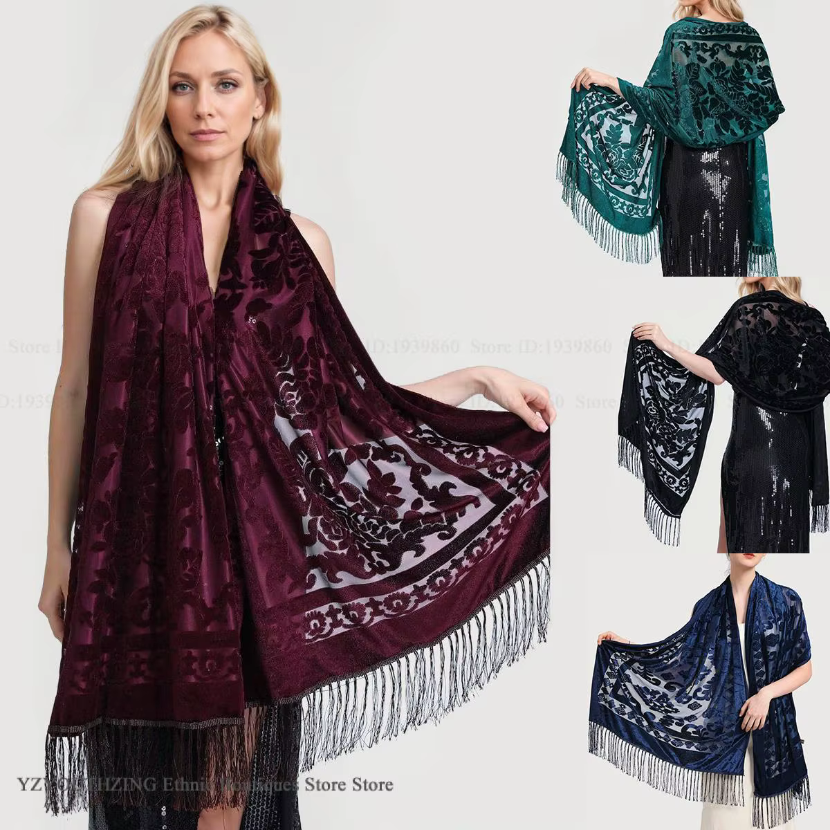 Femmes velours écharpe châle femme longue Jacquard foulards Noble