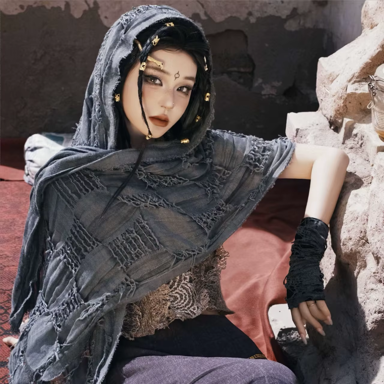 Style ruines unisexe Steampunk Hip Hop coton lin écharpe rétro foulards apocalyptiques Techwear Capes extérieur tactique châle