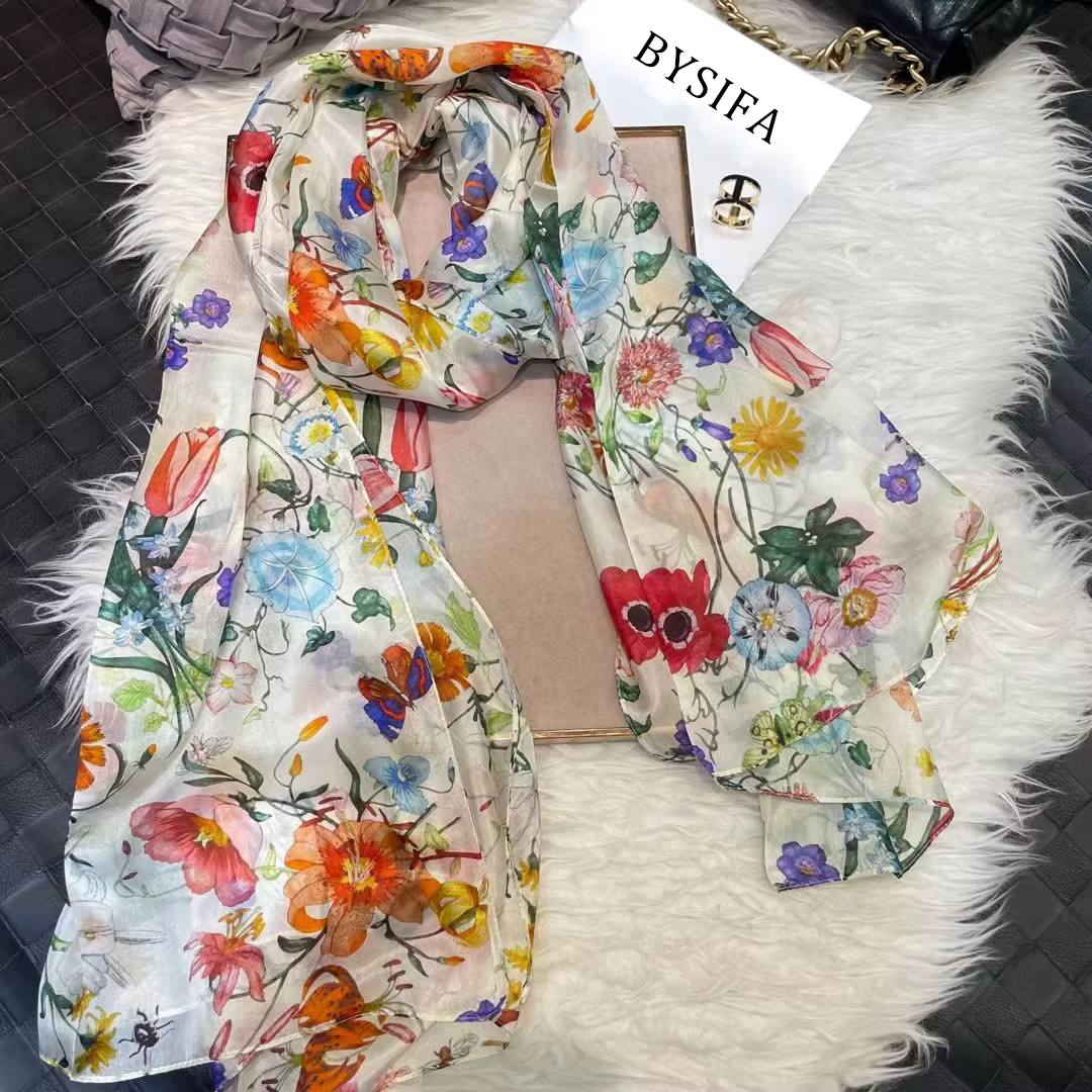 [BYSIFA] nouveau bleu vert foulard en soie châle femmes marque de mode 100% Pure
