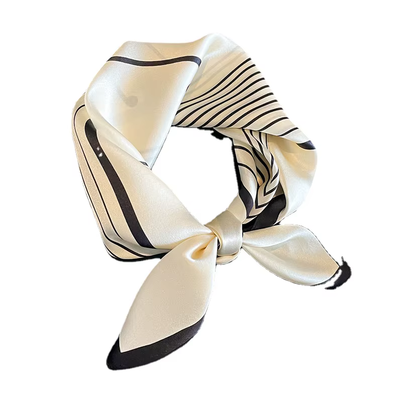 100% véritable Foulard de cou en soie femmes noir rayé Bandana