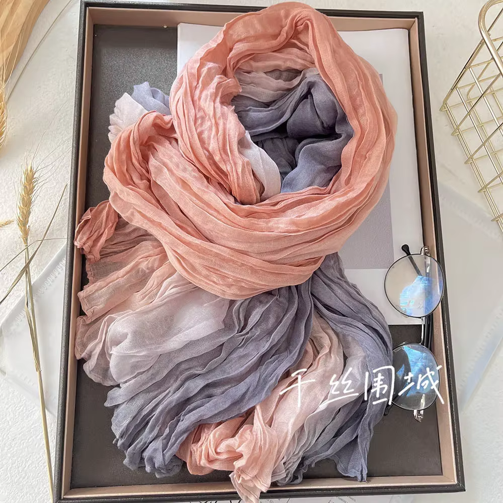 VREOVOR écharpe coton chanvre dégradé bleu automne hiver rétro polyvalent imprimé femmes longue pli châle élégant et à la mode