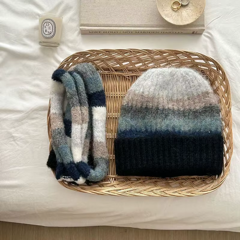 Ensemble de bonnets et écharpe arc-en-ciel rayés pour femmes et hommes