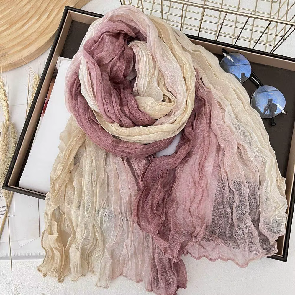 Écharpe d'hiver pour femmes coton chanvre dégradé bleu automne hiver rétro polyvalent imprimé