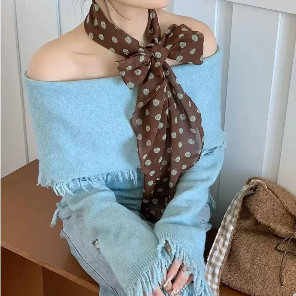Ins marron à pois longue écharpe en soie printemps été polyvalent foulard sac rubans doux en mousseline