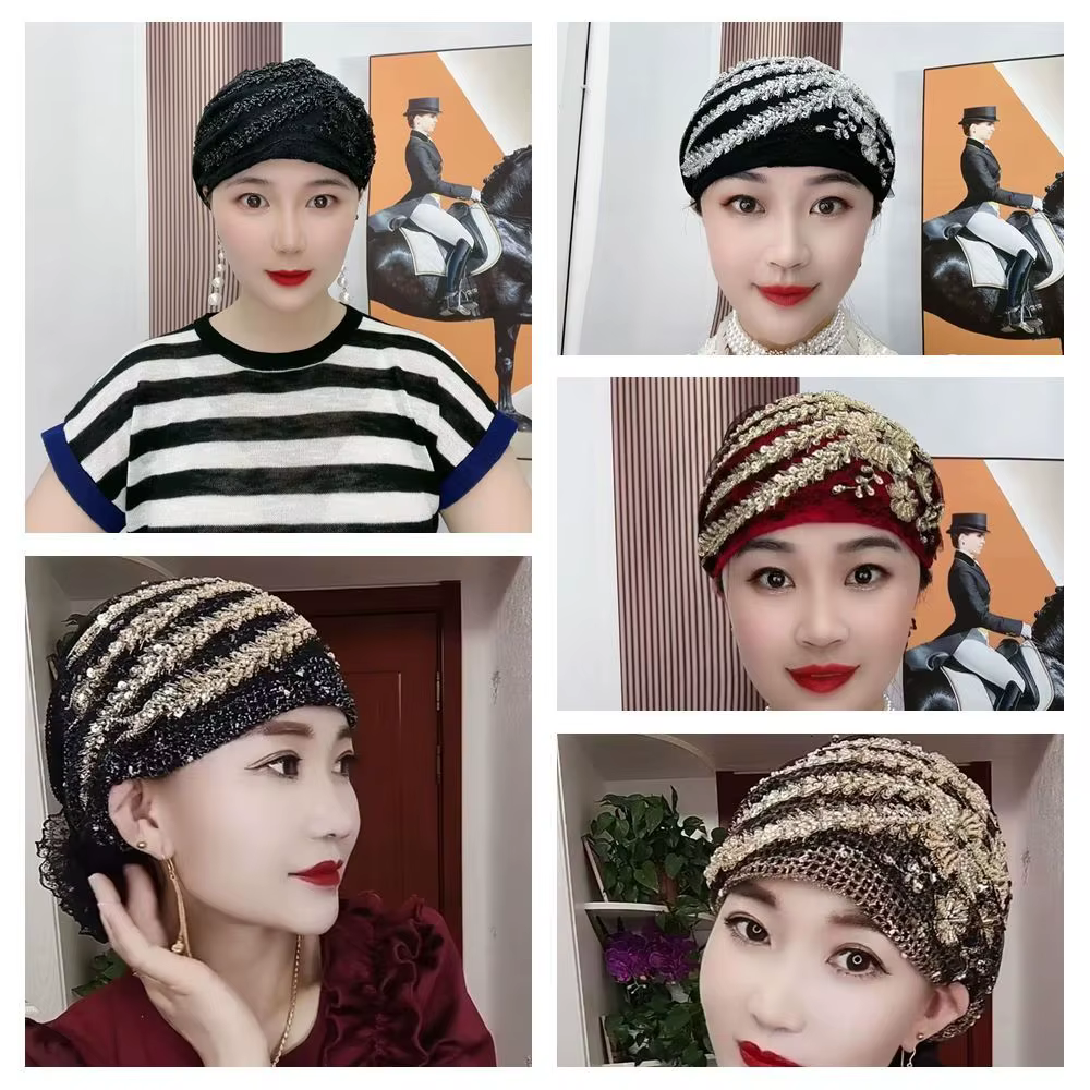 Foulard de tête en dentelle Turban chapeaux strass cravate élastique Hijab été mince