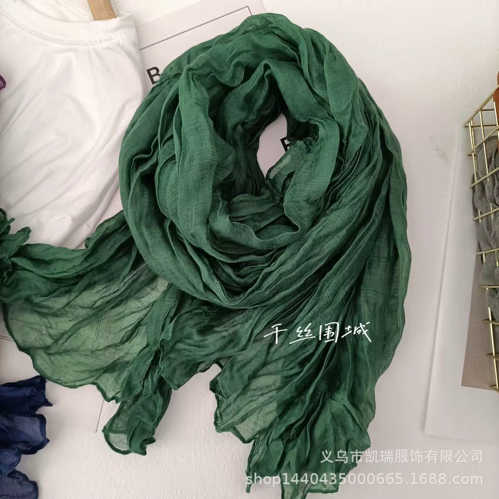 Écharpe de couleur unie rétro automne hiver nouveau plissé vert