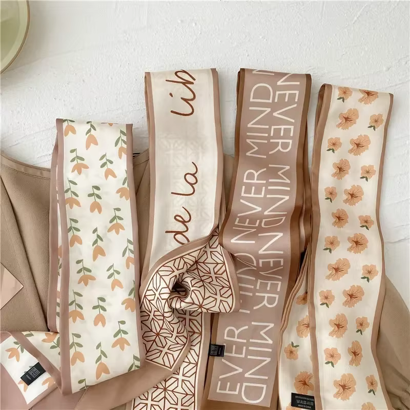 Haute qualité kaki couleur nue série foulard en soie bandeau ruban attaché cheveux Long arc Vintage Satin