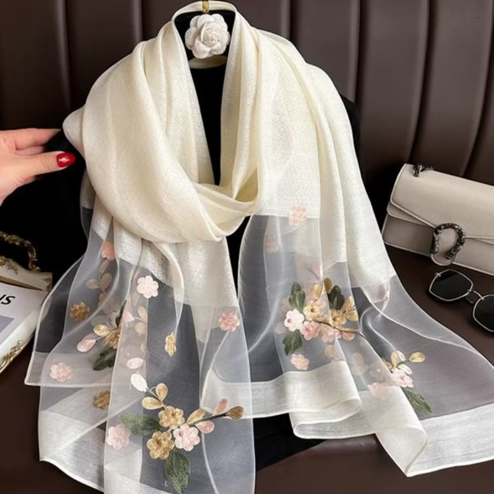 Écharpe en soie brodée florale élégante pour femme