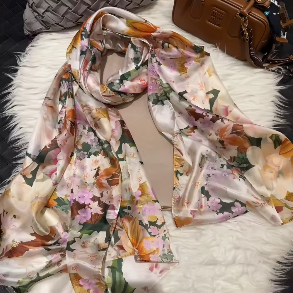 BYSIFA | Beige bleu foulard en soie châle femmes imprimé fleuri écharpe Cape automne hiver 100% mûrier
