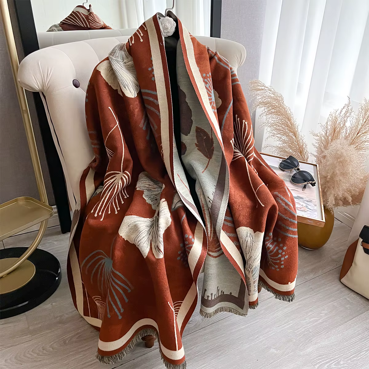 Nouvelle marque de mode pour femmes Foulard feuille de Ginkgo de luxe automne hiver châles chauds imprimé écharpe