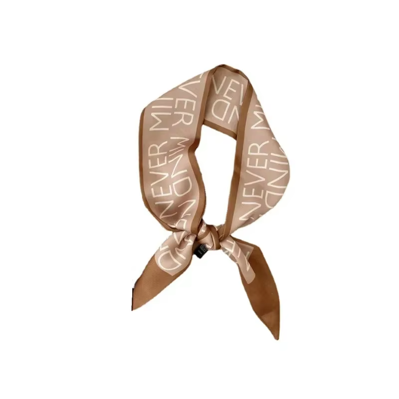 Haute qualité kaki couleur nue série foulard en soie bandeau ruban attaché cheveux Long arc Vintage Satin