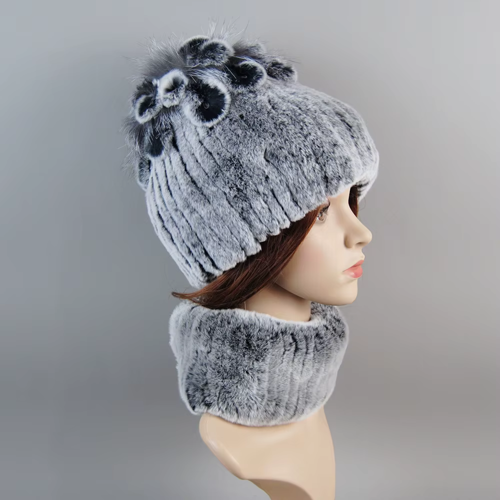 Ensemble Chapeau et Écharpe en Vraie Fourrure de Lapin Rex pour Femme