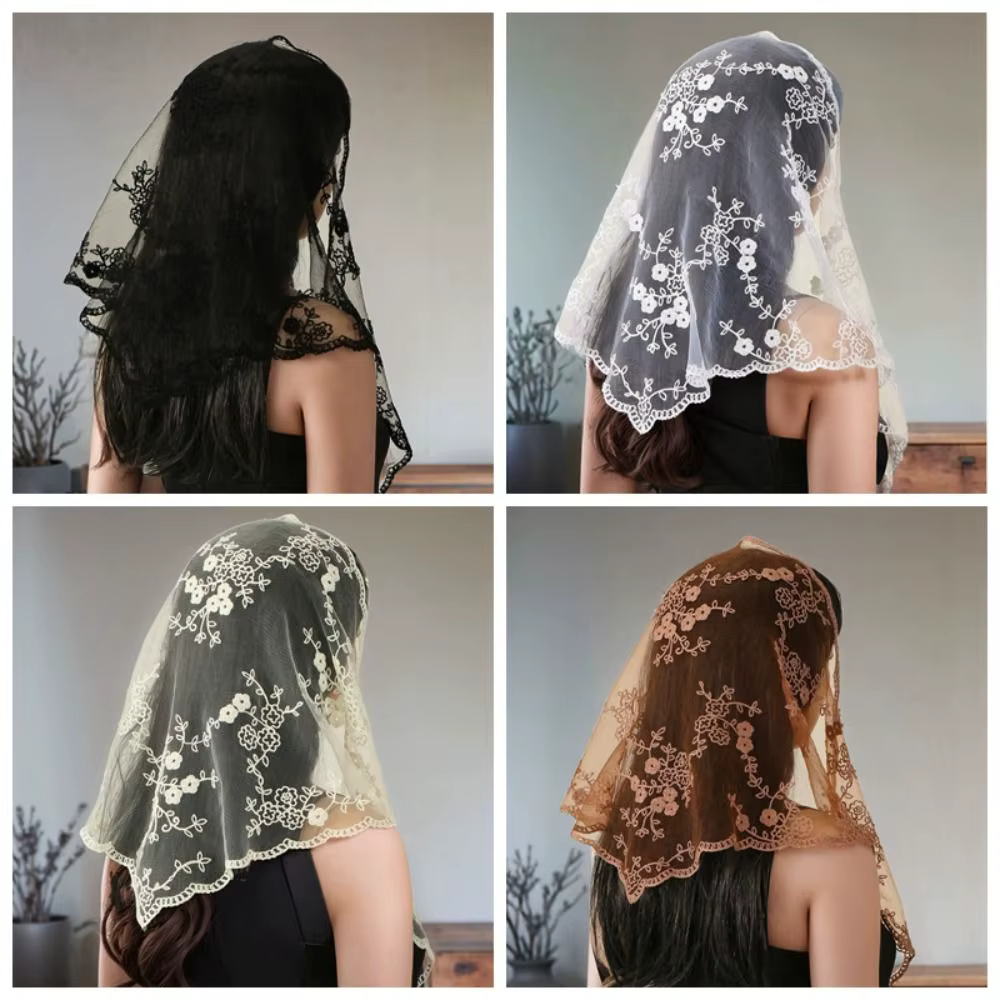 Nouveau Écharpe en dentelle ajourée broderie couleur unie Foulard Bandana Vintage mince