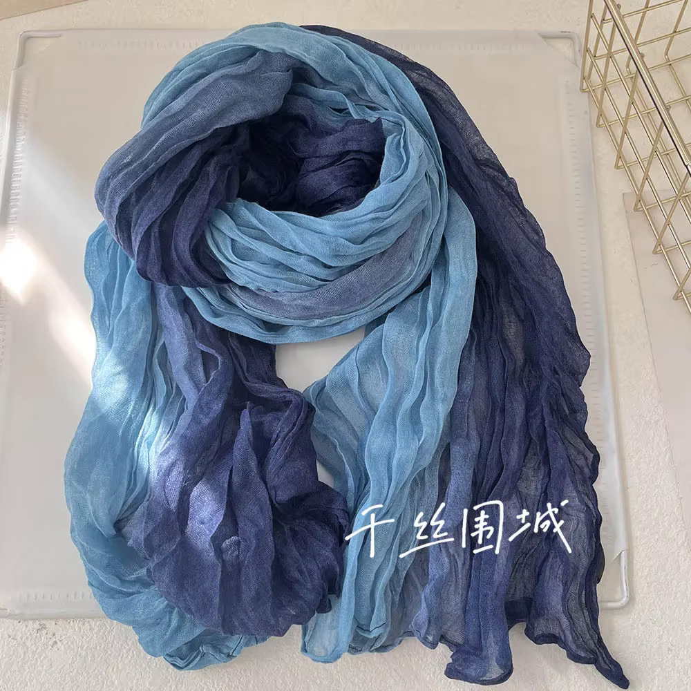 VREOVOR écharpe coton chanvre dégradé bleu automne hiver rétro polyvalent imprimé femmes longue pli châle élégant et à la mode