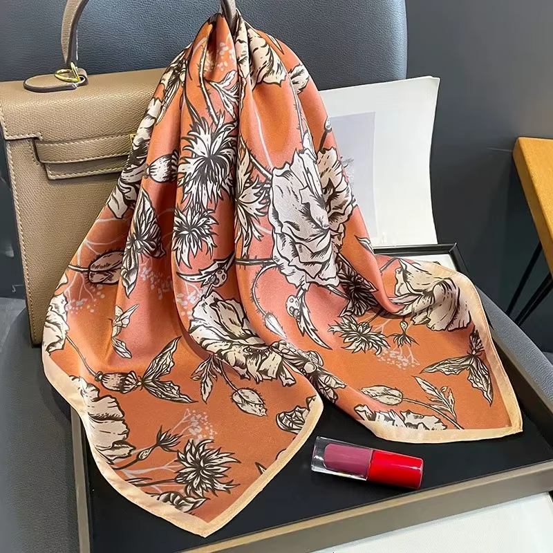 Bandeau de cheveux imprimé Rose Orange 100% Foulard en soie véritable femmes Design foulards de cou carré