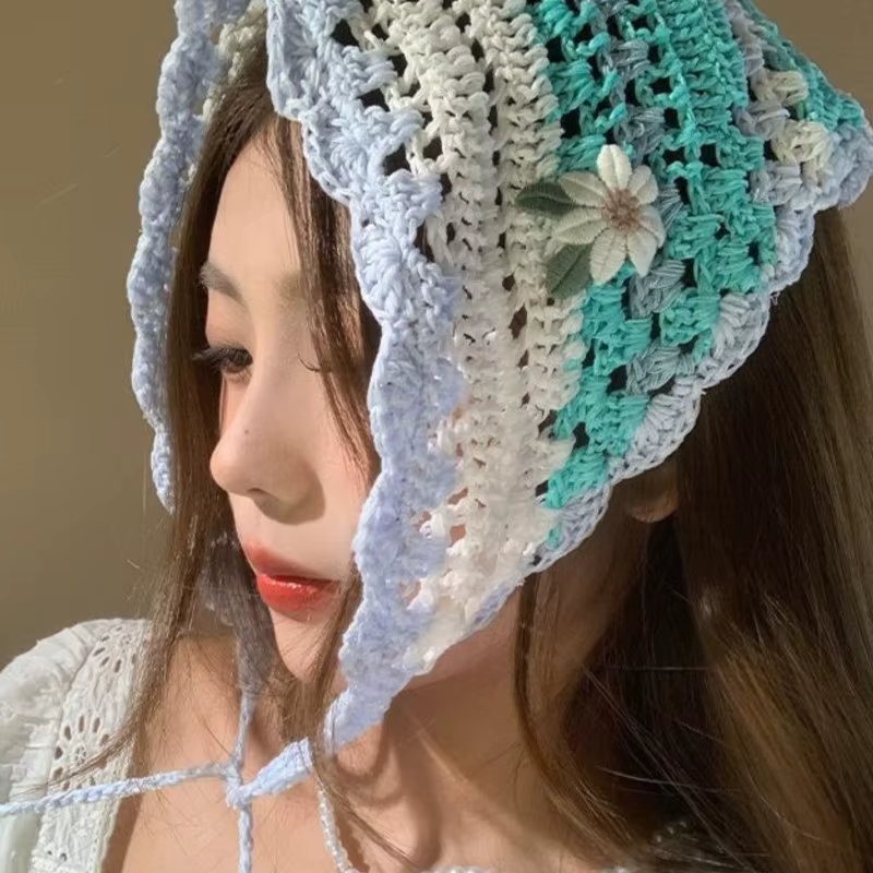 Women's Headscarf Dopamine French Mint Mambo Style Knitted Flower Triangular