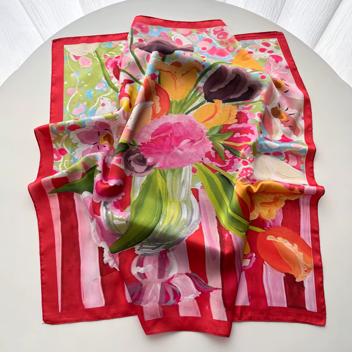 Foulard imprimé floral en soie imitation pour femme