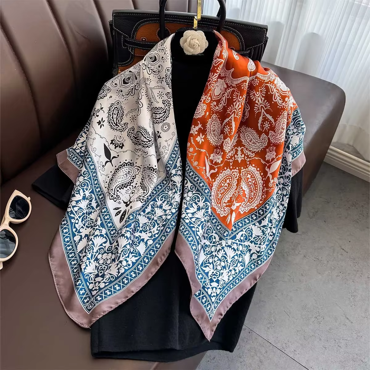 90*90 cm Foulard carré rétro cajou imprimé fleuri foulards en soie femmes cou