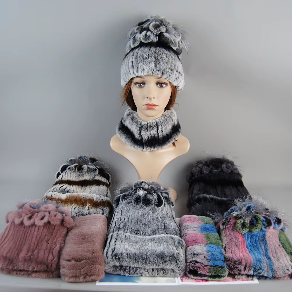 Ensemble Chapeau et Écharpe en Vraie Fourrure de Lapin Rex pour Femme