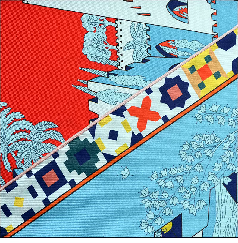 Nouvelle écharpe de style rétro 90 * 90 en twill de soie avec procédé de peinture par pulvérisation et bord roulé à la main "M90F273-2"